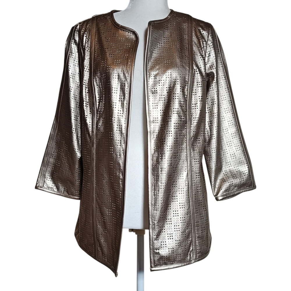 Travelers Collection by Chico's Metallic Perforated Blazer Jacket‎ Bronze Size 1